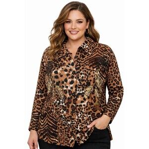 Allyson Whitmore Weekend Leopard Animal Print Embroidered Shirt Jacket 2X Cotton